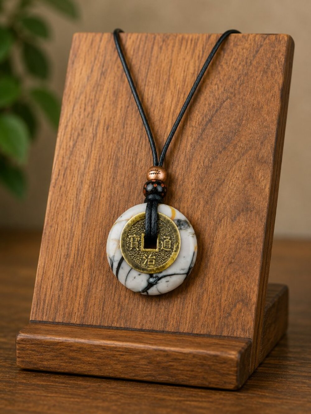 Picasso Jasper and Chinese Lucky Coin Pendant | Handmade - Picture 3 of 7